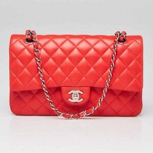 Chanel Red Quilted Lambskin Leather Classic Medium Double Flap Bag